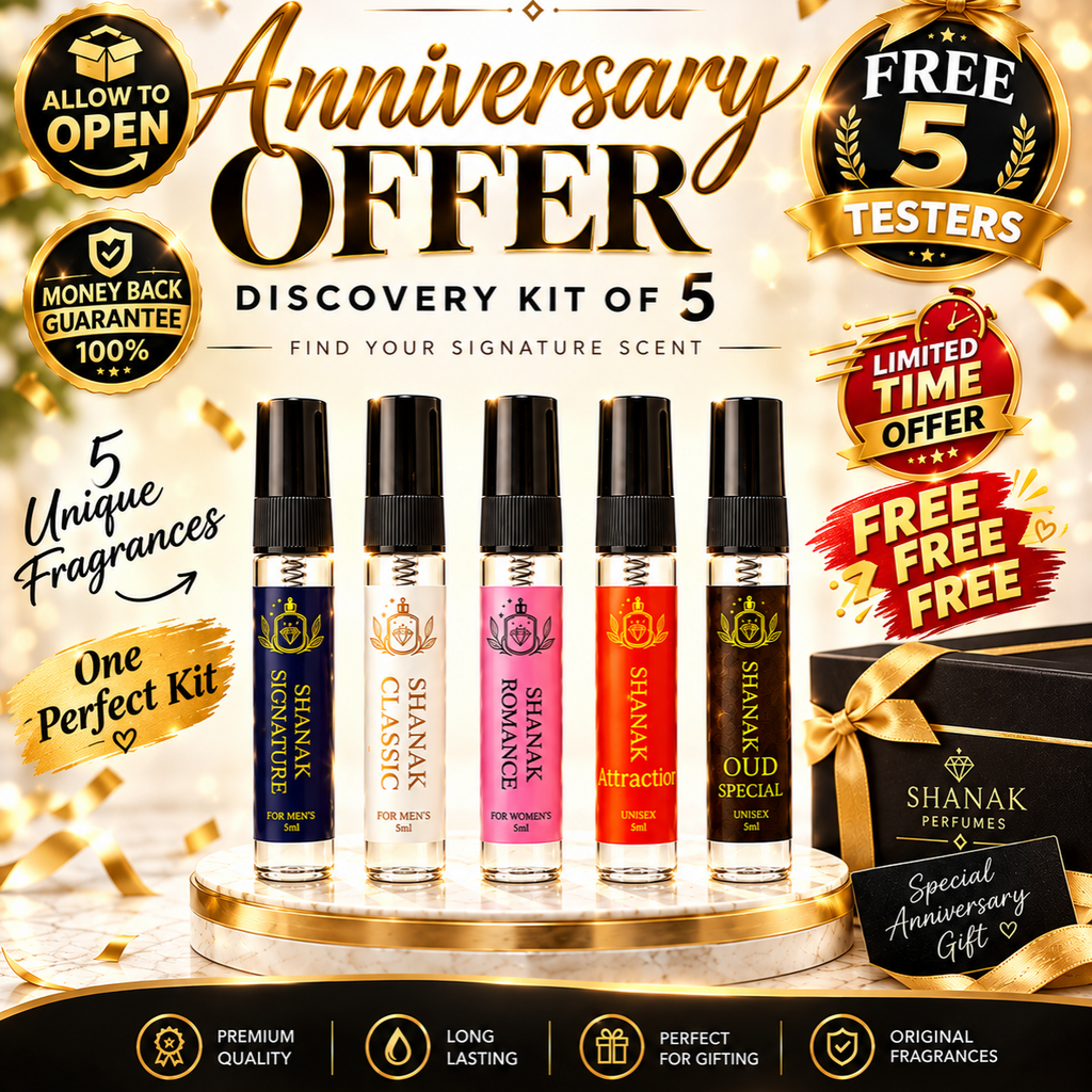 Shanak Perfumes Anniversary Offer Discovery Kit of 5, featuring five miniature fragrance testers in blue, beige, pink, red, and black scents, displayed on a gold pedestal with promotional badges and a gift box.