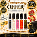 Shanak Perfumes Anniversary Offer Discovery Kit of 5, featuring five miniature fragrance testers in blue, beige, pink, red, and black scents, displayed on a gold pedestal with promotional badges and a gift box.