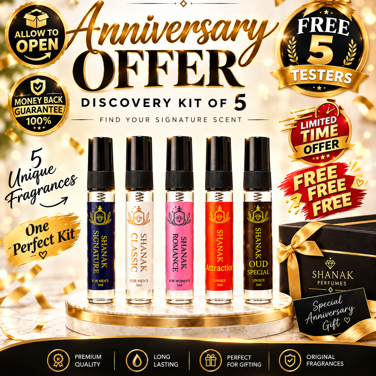 Shanak Perfumes Anniversary Offer Discovery Kit of 5, featuring five miniature fragrance testers in blue, beige, pink, red, and black scents, displayed on a gold pedestal with promotional badges and a gift box.