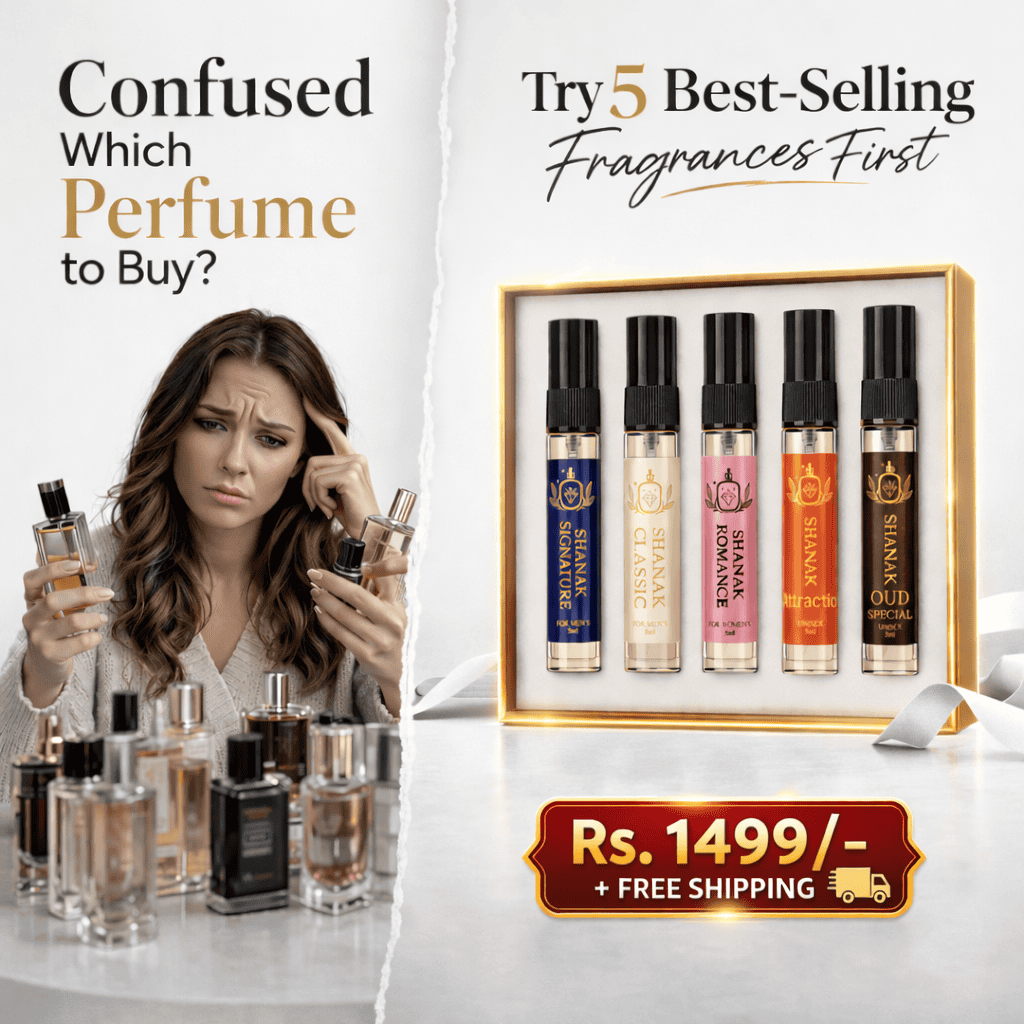 Woman confused over perfume choices with various bottles on table.