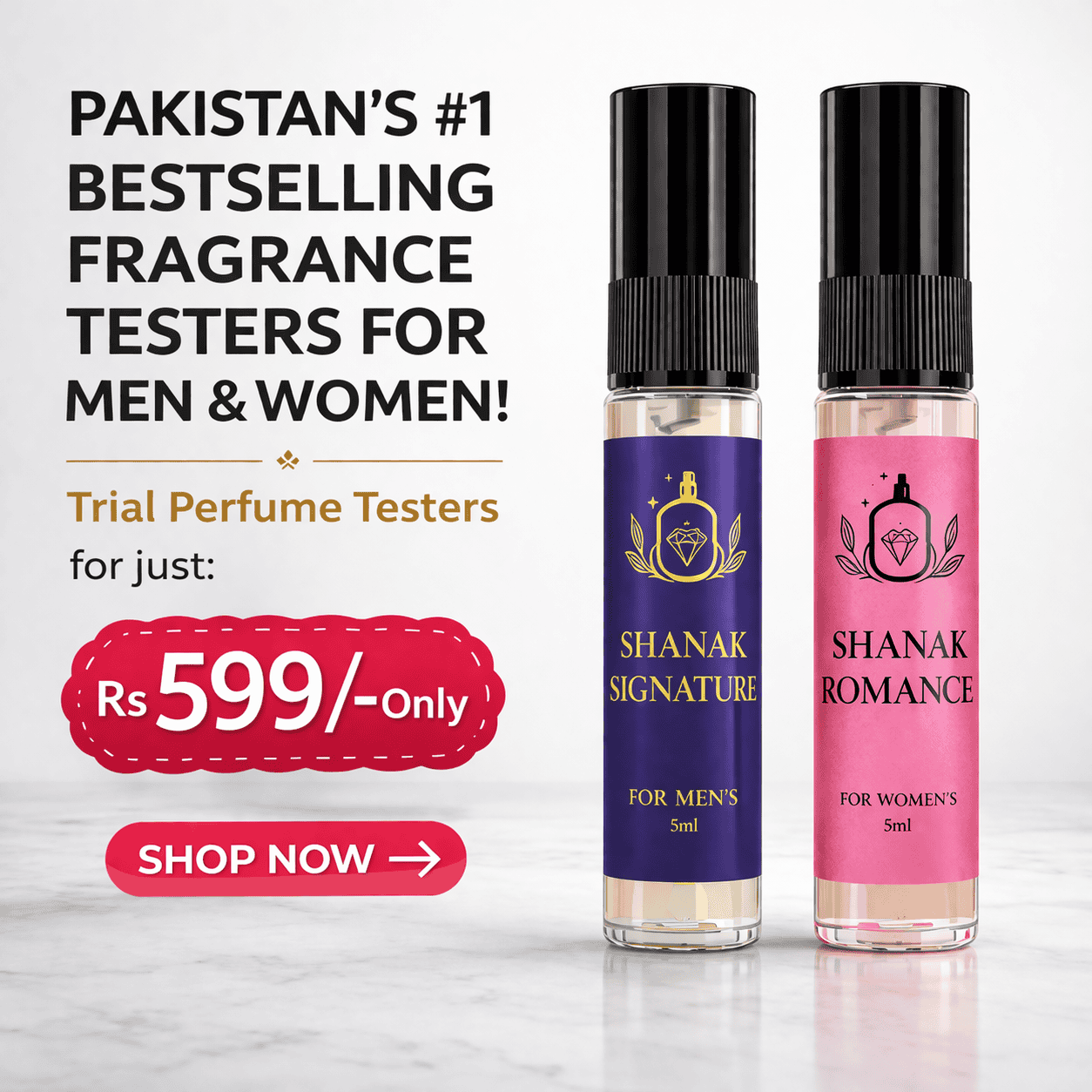 Fragrance testers for men and women from Shanak, Pakistan's top perfume brand.